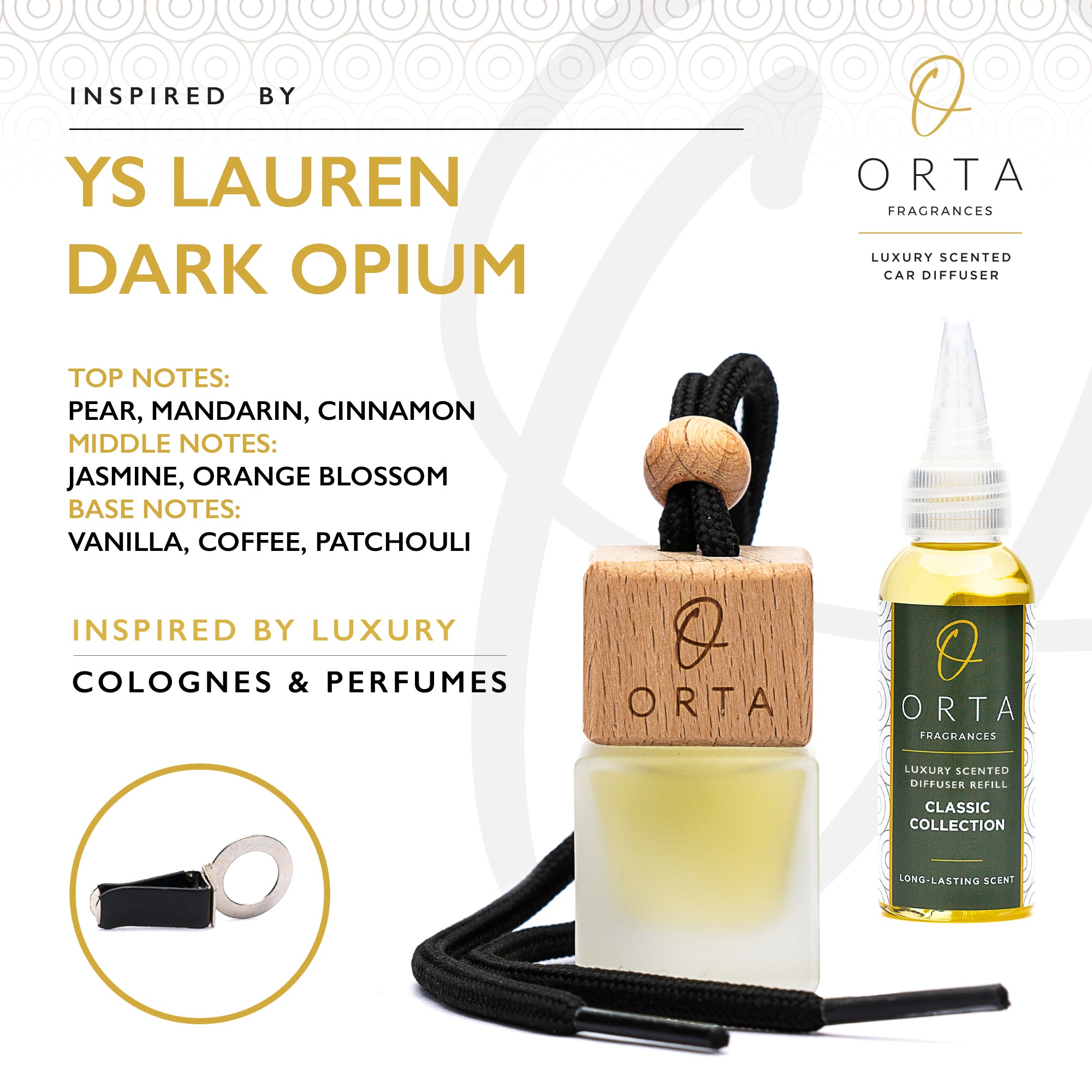 No3 YS Lauren Dark Opium Inspired Car Air Freshener Set with Vent Clip and 50 ml Refill Bottle